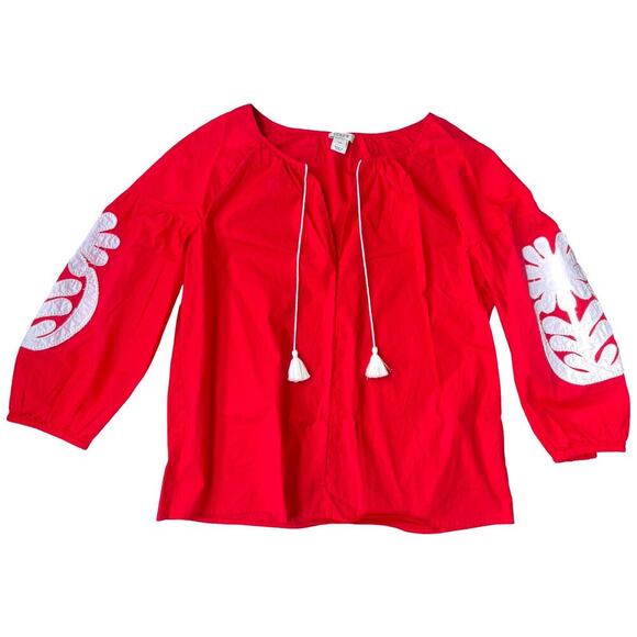 J.CREW Red Peasant Top Floral Appliqué Tassel Tie Boho Blouse - XS - Picture 2 of 15